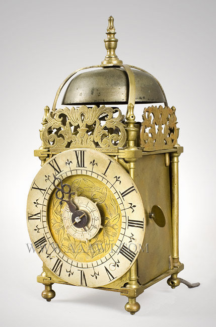 Miniature Lantern Clock Timepiece, Time and Alarm, Brass Case and Frets,
Anonymous, Probably London
Circa 1700, entire view